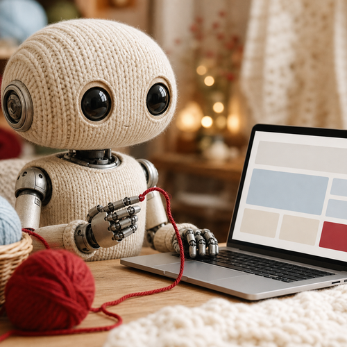 Strickroboter bearbeitet eine Website am Laptop