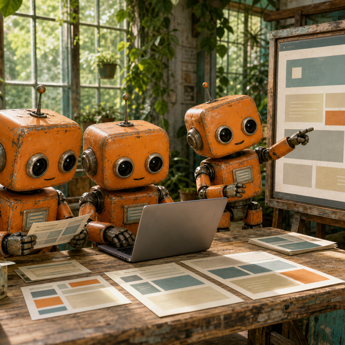 Drei Roboter entwickeln gemeinsam eine Website