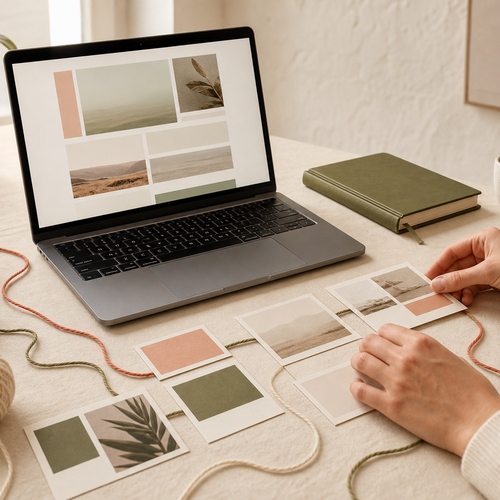 Website-Redaktion mit Laptop, Layoutkarten und Wollfäden